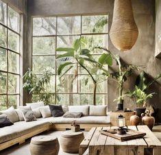 a living room filled with lots of furniture and plants in the window sills