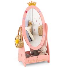 Our pink full-length mirror will bring your little one a better dressing experience. With 360° rotatable mirror, you child can dress up better in different angles. Moreover, the bottom shelf and 2 side hooks offer addition storage space, making kid’s items well organized. The freestanding mirror is of high stability and durability, as it’s made of premium MDF and acrylic. All the corners and edges are rounded and smooth, ensuring higher safety. If you are looking for a suitable gift for your kid Toddler Vanity, Kids Vanity Set, Freestanding Mirror, Girls Vanity, Pink Key, Freestanding Mirrors, Full Body Mirror, Princess Kids, Kids Vanity