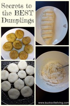 there are pictures of different types of dumplings in the bowl and on the plate