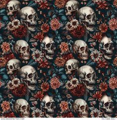 skulls and flowers on a black background with red, white and pink flowers in the middle