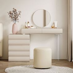 a white room with a vanity, stool and mirror