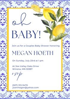 a baby shower card with lemons and leaves on the front, in blue and yellow