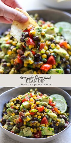 a bowl filled with black beans, corn and guacamole next to another bowl full of chips