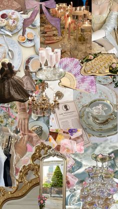 a collage of photos with fancy items and candles in the background, including an ornate table