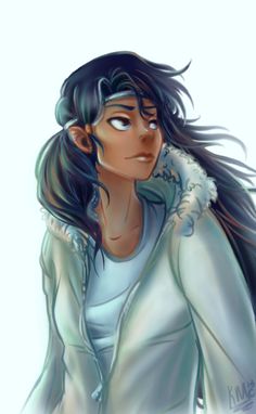 a drawing of a woman with long black hair wearing a white jacket and blue jeans