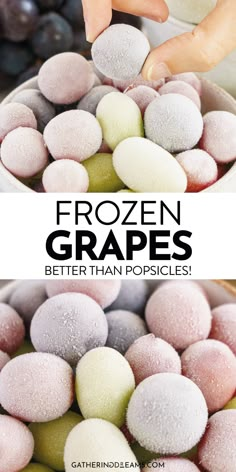 frozen grapes in a bowl with text overlay that reads, frozen grapes better than popsicles