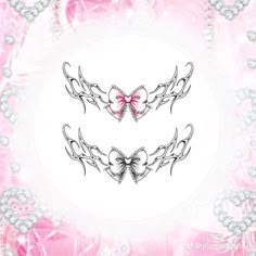 two hearts with bows and pearls on the side are in front of a pink background