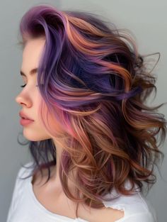 Top Summer Hair Colors for 2024 Chunky Fall Hair, Vivid Hair Highlights, Colorful Fall Hair Colors, Multiple Color Hair Dye Ideas, Multi Color Fall Hair, Colorful Wedding Hair, Vivid Hair Color Balayage, Vivid Peekaboo Highlights, Purple And Peach Hair