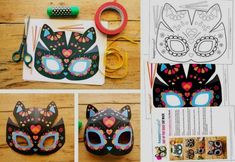 the paper mask has hearts on it and is next to scissors, tape, scissors and other crafting supplies