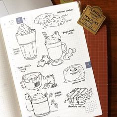 a notebook with some food and drinks on it