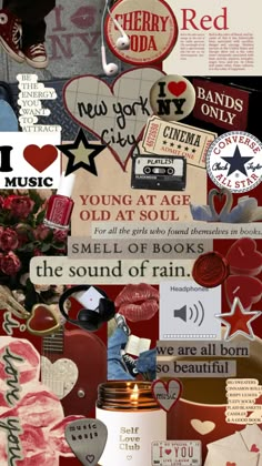 the collage is made up of many different items and words, including roses, hearts,