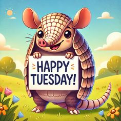 a cartoon rat holding a happy tuesday sign in front of a field with flowers and trees