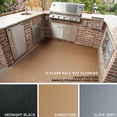 an outdoor kitchen is shown with different colors and finishes for the counter tops, cabinets, stoves, and sink