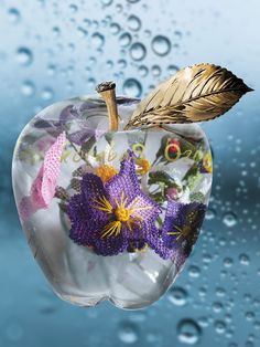 an apple with some flowers in it and water droplets on the glass surface behind it