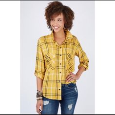 Gorgeous Yellow Plaid Shirt With Snap On Buttons. Great For Layering Or Wearing On Its Own. Fabric: 100% Rayon Fit Tip: Fits True To Size. This Is Brand New With Tag And Retails For $79 Casual Yellow Shirt For Fall, Trendy Yellow Fall Shirt, Trendy Yellow Shirt For Fall, Casual Yellow Blouse For Fall, Mustard Long Sleeve Casual Shirt, Mustard Button-up Casual Top, Mustard Casual Button-up Top, Casual Mustard Button-up Top, Casual Mustard Cotton Blouse