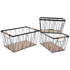 three black metal baskets with wood handles