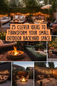 an outdoor backyard with fire pit, couches and patio furniture in the evening hours