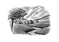 a black and white drawing of a tree in the middle of a field with hills