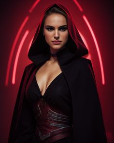 a woman in a black dress with a red light behind her and a hooded cloak over her head