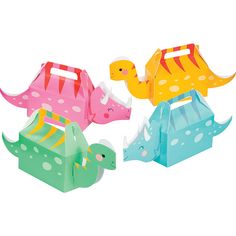 three paper dinosaurs in different shapes and sizes, one is pink, the other is green