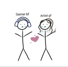 two stick figures with headphones, one holding a heart and the other listening to music