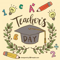 a teacher's day card with a mortar cap and pencils