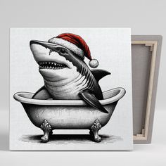 a christmas card with a shark in a bathtub wearing a santa hat and holding a toothbrush