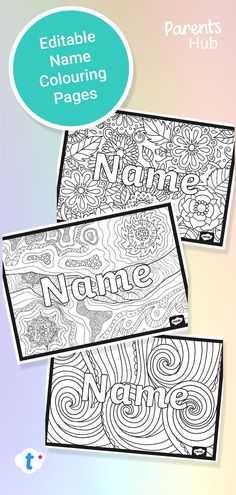 three different coloring pages with the names and numbers for each page, including name tags