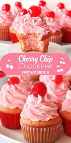 cherry chip cupcakes with pink frosting and cherries on top are shown