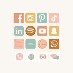 the icons are arranged in different colors and sizes, including one with an instagram button