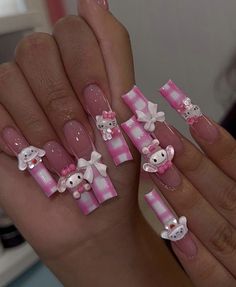 Hello Kitty Header, Painted Nails, Girly Acrylic Nails, Inspired Nails, Nails Set, Hello Kitty Nails