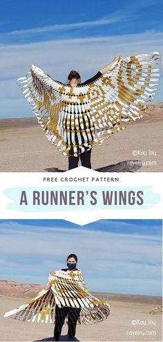 a woman in a costume made out of paper wings with text overlay that reads free crochet pattern a runner's wings