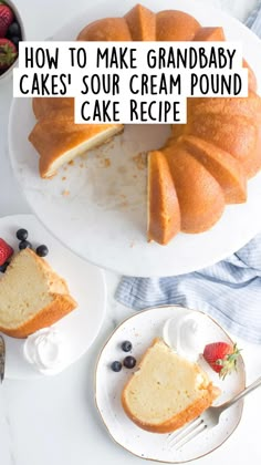 a bundt cake on a plate with berries and whipped cream next to the bundt cake