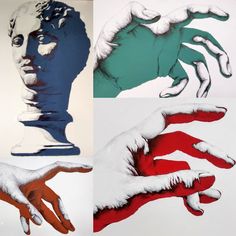 four different colored images of hands with one holding the other's hand, all painted red and blue