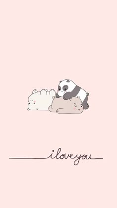 two panda bears laying on top of each other with the words i love you above them