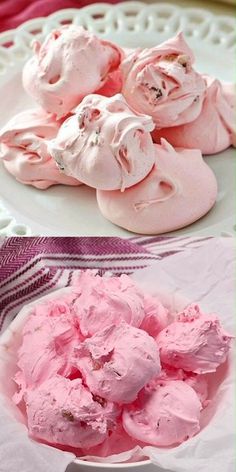 two plates filled with pink ice cream on top of a table