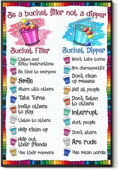 the bucket filler poster is displayed on a piece of paper with words and pictures