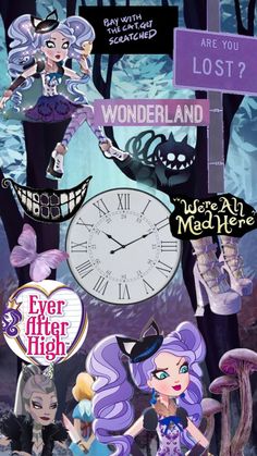 an advertisement for ever after high school featuring two cartoon characters and a clock in the background