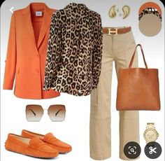 Spice up your fall capsule wardrobe with a tangerine, black, and brown leopard print top that exudes confidence and style. Pair it with classic beige pants for a balanced, neutral base. Add a playful touch with tangerine loafers, and cinch it all together with a chic brown belt. Complete your look with a sophisticated brown tote bag, perfect for transitioning from work to weekend. This outfit captures the essence of fall with its warm tones and eye-catching details. #FallCapsuleWardrobe #FallFashion #LeopardPrint #BoldStyle #WardrobeEssentials #MinimalistFashion #FallOutfitInspo #FashionTips #StyleInspiration Fall Fashion Ideas 2024, Orange Blazer Outfits For Women Office, Orange Heels Outfit Classy, Orange Vest Outfits For Women, Orange Blazer Outfits For Women, Orange Blazer Outfits, Orange Pants Outfit, Capsule Wardrobe Casual, Leopard Print Outfits