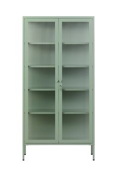 a green metal bookcase with glass doors on the front and bottom shelves, against a white background