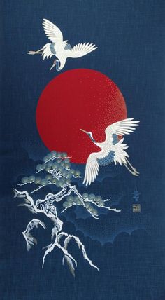 two white birds flying in front of a red sun on a dark blue sky background