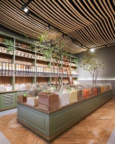 a room filled with lots of books and plants on shelves next to each other in front of a wooden ceiling