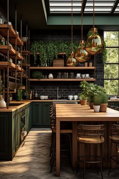 a kitchen with lots of green plants on the shelves and wooden table in front of it