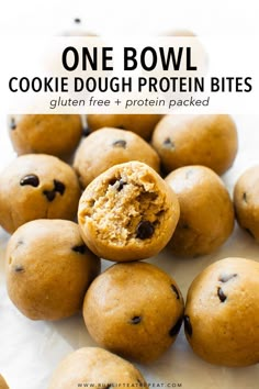 one bowl cookie dough protein bites are stacked on top of each other