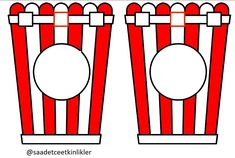 two red and white striped popcorn buckets with circles on the top one is empty