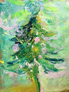 a painting of a green christmas tree with white flowers