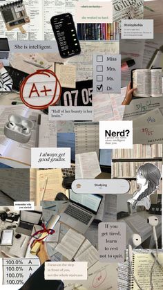 a collage of many different types of papers and electronic devices with words written on them