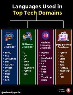 an image of languages used in top tech domains for web development and application development