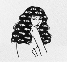 a black and white drawing of a woman with eyes on her head