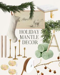 holiday mantle decor with stockings, candles and christmas tree branches in gold and green tones